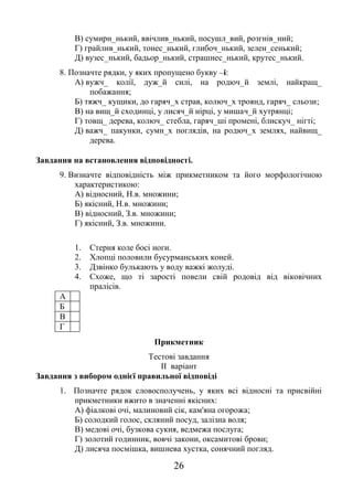 26
В) сумирн_нький, ввічлив_нький, посушл_вий, розгнів_ний;
Г) грайлив_нький, тонес_нький, глибоч_нький, зелен_сенький;
Д) вузес_нький, бадьор_нький, страшнес_нький, крутес_нький.
8. Позначте рядки, у яких пропущено букву –і:
А) вужч_ колії, дуж_й силі, на родюч_й землі, найкращ_
побажання;
Б) тяжч_ кущики, до гаряч_х страв, колюч_х троянд, гаряч_ сльози;
В) на вищ_й сходинці, у лисяч_й нірці, у мишач_й хутрянці;
Г) товщ_ дерева, колюч_ стебла, гаряч_ші промені, блискуч_ нігті;
Д) важч_ пакунки, сумн_х поглядів, на родюч_х землях, найвищ_
дерева.
Завдання на встановлення відповідності.
9. Визначте відповідність між прикметником та його морфологічною
характеристикою:
А) відносний, Н.в. множини;
Б) якісний, Н.в. множини;
В) відносний, З.в. множини;
Г) якісний, З.в. множини.
1. Стерня коле босі ноги.
2. Хлопці половили бусурманських коней.
3. Дзвінко булькають у воду важкі жолуді.
4. Схоже, що ті зарості повели свій родовід від віковічних
пралісів.
А
Б
В
Г
Прикметник
Тестові завдання
ІІ варіант
Завдання з вибором однієї правильної відповіді
1. Позначте рядок словосполучень, у яких всі відносні та присвійні
прикметники вжито в значенні якісних:
А) фіалкові очі, малиновий сік, кам'яна огорожа;
Б) солодкий голос, скляний посуд, залізна воля;
В) медові очі, бузкова сукня, ведмежа послуга;
Г) золотий годинник, вовчі закони, оксамитові брови;
Д) лисяча посмішка, вишнева хустка, сонячний погляд.
 