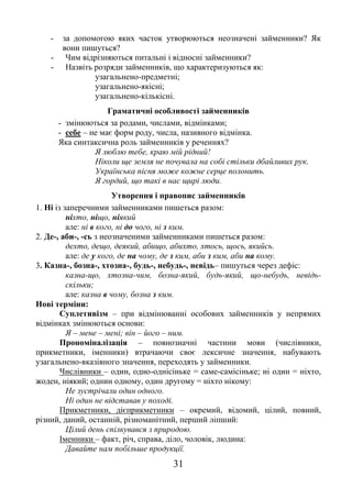 31
- за допомогою яких часток утворюються неозначені займенники? Як
вони пишуться?
- Чим відрізняються питальні і відносні займенники?
- Назвіть розряди займенників, що характеризуються як:
узагальнено-предметні;
узагальнено-якісні;
узагальнено-кількісні.
Граматичні особливості займенників
- змінюються за родами, числами, відмінками;
- себе – не має форм роду, числа, називного відмінка.
Яка синтаксична роль займенників у реченнях?
Я люблю тебе, краю мій рідний!
Ніколи ще земля не почувала на собі стільки дбайливих рук.
Українська пісня може кожне серце полонить.
Я гордий, що такі в нас щирі люди.
Утворення і правопис займенників
1. Ні із заперечними займенниками пишеться разом:
ніхто, ніщо, ніякий
але: ні в кого, ні до чого, ні з ким.
2. Де-, аби-, -сь з неозначеними займенниками пишеться разом:
дехто, дещо, деякий, абищо, абихто, хтось, щось, якийсь.
але: де у кого, де на чому, де з ким, аби з ким, аби на кому.
3. Казна-, бозна-, хтозна-, будь-, небудь-, невідь– пишуться через дефіс:
казна-що, хтозна-чим, бозна-який, будь-який, що-небудь, невідь-
скільки;
але: казна в чому, бозна з ким.
Нові терміни:
Суплетивізм – при відмінюванні особових займенників у непрямих
відмінках змінюються основи:
Я – мене – мені; він – його – ним.
Прономіналізація – повнозначні частини мови (числівники,
прикметники, іменники) втрачаючи своє лексичне значення, набувають
узагальнено-вказівного значення, переходять у займенники.
Числівники – один, одно-однісіньке = саме-самісіньке; ні один = ніхто,
жоден, ніякий; однин одному, один другому = ніхто нікому:
Не зустрічали один одного.
Ні один не відставав у поході.
Прикметники, дієприкметники – окремий, відомий, цілий, повний,
різний, даний, останній, різноманітний, перший ліпший:
Цілий день спілкувався з природою.
Іменники – факт, річ, справа, діло, чоловік, людина:
Давайте нам побільше продукції.
 