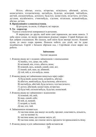 35
Ні/хто, аби/що, хто/сь, ні/про/що, ні/від/кого, аби/який, де/хто,
казна/до/кого, хтозна/на/кому, що/небудь, будь/що, де/котрий, чий/небудь,
ані/чий, скільки/небудь, де/в/кого, будь/хто, казна/з/ким, ні/до/чого, ні/з/чим,
де/з/ким, від/аби/якого, з/чим/небудь, з/де/ким, ні/скільки, на/який/небудь,
аби/що, де/чим.
8. Провідміняйте словосполучення.
Ці роздуми, та скеля, ті обереги, всі народи.
9. Ти – коректор
Усуньте стилістичні невправності в реченнях.
Я звернулась до друзів, щоб вони самі переказали, що вони знають. З
неба сяяло сонце, по якому пропливали ріденькі хмарки. Старий Кайдаш він
був добрим стельмахом. Ви сказала, щоб квіти були ввечері политі. Кожний
кулик до свого озера привик. Пошили чоботи для дітей, які їм дуже
подобаються. Сергій з батьком обрізали сад, і Сергійкові стало жарко від
роботи.
Займенник
Тестові завдання
1. В якому рядку всі з поданих займенників є означальними:
А) якийсь, хто, дещо, ми, себе;
Б) всілякий, він, хтось, абихто, вони;
В) кожний, весь, всякий, самий, самі, всі;
Г) інший, цей, наш, це, абиякий;
Д) той, мій, я, хто-небудь, наша.
2. В якому рядку всі займенники пишуться через дефіс:
А) будь/який, казна/з/ким, котрий/сь, аби/що;
Б) аби/хто, який/небудь, будь/на/кому, аби/в/кого;
В) що/небудь, аби/чий, будь/до/кого, хто/зна/до/кого;
Г) де/хто, аби/який, казна/з/ким, ні/про/що;
Д) будь/чий, скільки/небудь, будь/що, казна/який.
3. В якому рядку всі займенники є відносними:
А) кожний, ой, свій;
Б) наш, самий, себе;
В) мій, ці, всякий;
Г) котрий, я, їхній;
Д) що, хто, чий.
4. Займенником називається:
А) частина мови, яка вказує на особу, предмет, властивість, кількість,
але не називає їх;
Б) частина мови, що означає якість дії;
В) частина мови, що означає якість предмета чи приналежність йому.
5. В якому рядку в усіх займенниках треба вставити и:
 