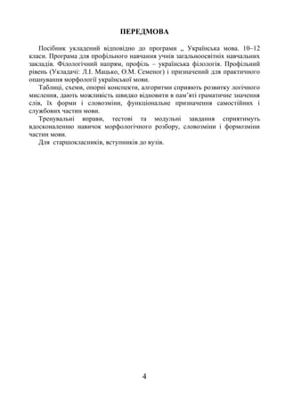 4
ПЕРЕДМОВА
Посібник укладений відповідно до програми „ Українська мова. 10–12
класи. Програма для профільного навчання учнів загальноосвітніх навчальних
закладів. Філологічний напрям, профіль – українська філологія. Профільний
рівень (Укладачі: Л.І. Мацько, О.М. Семеног) і призначений для практичного
опанування морфології української мови.
Таблиці, схеми, опорні конспекти, алгоритми сприяють розвитку логічного
мислення, дають можливість швидко відновити в пам’яті граматичне значення
слів, їх форми і словозміни, функціональне призначення самостійних і
службових частин мови.
Тренувальні вправи, тестові та модульні завдання сприятимуть
вдосконаленню навичок морфологічного розбору, словозміни і формозміни
частин мови.
Для старшокласників, вступників до вузів.
 