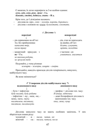 47
Є винятки, їх легко перевірити за 3-ю особою однини:
хоче, гуде, сопе, реве, ірже – І д.
біжить, стоїть, боїться, спить – ІІ д.
Крім того, до І дієвідміни належать:
– дієслова на -оро-, -оло– : колоти, пороти, боротись;
– дієслова з основою на -отати: булькотати, сокотати.
 Дієслова 
перехідні неперехідні
↓ ↓
– дія спрямована на об’єкт
З.в. без прийменника:
написати твір,
косив траву
– дія, стан не переходять
на якийсь об’єкт:
бігати, сумувати,
мріяти, молодіти
– заперечний присудок з
не + Р.в.
не виконав роботи,
не зрозумів тебе
– з часткою –ся:
умиватися, змагатися
Подумайте, у чому різниця:
зеленити – зеленіти, синити – синіти.
Пригадайте, наведіть приклади дієслів теперішнього, минулого,
майбутнього часу.
Як вони змінюються?
 Утворення дієслів майбутнього часу 
недоконаного виду доконаного виду
↓ ↓
– бути + інфінітив:
буду писати, буду робити
– префікс + дієслово теп. часу:
Н апишу, відпочину
– інфінітив + -му , -меш, -ме, -
мемо, -мете, -муть:
писатимеш, писатиму,
писатиме, писатимуть
– деякі безпрефіксні дієслова із
закінченням теп. часу
кину, ляжу, пущу
Дієслова минулого часу не мають особових закінчень. У них
зберігається ознака роду:
чоловічий – -в : писав, читав, ніс
жіночий – -ла : писала, читала, несла
 