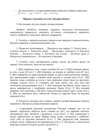 59
– До схем речень із дієприслівниковими зворотами доберіть приклади:
[ , … .
], [... , , ….
], [… ,
].
Вправи і завдання до теми «Дієприслівник»
1. Від поданих дієслів утворіть дієприслівники:
Зробити, запобігти, зіпсувати, захворіти, зіткнутися, наголошувати,
нагромадити, накреслити, знецінити, об’єднати, оголошувати, перенести,
змогти, знайомити, підходити, вивчати, відкривати.
2. Складіть і запишіть речення, увівши в них наведені словосполучення.
Поясніть правопис і значення виділених слів.
1. Працюючі відпочивають … Працюючи над твором. 2. Стоячі води …
Слухати стоячи. 3. Затихаючі звуки … Віддалявся, затихаючи. 4. Блимаючі
вогники … Блимаючи очима. 5. Тремтячи від холоду… Тремтячі руки. 6.
Нетерплячі помиляються… Не терплячи й хвилини.
3. Спишіть текст, розкриваючи дужки; частку не пишіть разом чи
окремо. Усно поясніть, чому ви так пишете.
1. (Не) поберігши тіла, і душу погубиш (Н. тв.). 2 (Не) спитавши броду,
не лізь у воду (Н. тв.). 3. (Не) взявшись до сокири, не зробиш хати (Н. тв.).
4. (Не) зважаючи на переслідування борців за мир в капіталістичних країнах,
рух прихильників миру з кожним днем зростає в усьому світі (Газ.). (Не)
просячи слова, підійшов до стола і, (не) звертаючи ніякої уваги на президію,
говорив голосно (Ст.). 6. Говорячи про нове життя, він, сам того (не)
помічаючи, розхвилювався (Ст.). 7. (Не) навидячи крутійську вдачу, вона не
могла примиритися з ганебними вчинками Карпа (Ст.). 8. Він відповів
поважно, (не) дивлячись у бік Ївги, однак відчував кожен її рух і усміх (Ст.).
9. (Не) до оцінюючи його здібностей, Петро не доручив йому це важливе
завдання (Ст.).
4. Списуючи дієслова, що в дужках, замініть дієприслівниками; поясніть
творення їх. Визначте дієприслівникові звороти.
1. Стародавній грецький письменник Плутарх говорив, що хто не
працює, (прагнути) зберегти сили, схожий на того, хто вирішив мовчати,
(сподіватись) цим зміцнити і розвинути голос (Газ.). 2. Ми, (навчатись) у
школі, привчаємось до праці. Майже кожен учень, (заглядати) у майбутнє,
готує себе до трудової діяльності (Газ.). 3. Ми, (розуміти) своє завдання,
учимось жити і працювати по-справжньому (Газ.). 4. (Зітхнути), з ясена упало
підрізане осіннім холодком сузір’я листків (Ст.).
 