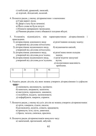 61
г) побілілий, уражений, змоклий;
д) зігрітий, збліднілий, политий.
4. Позначте рядок, у якому дієприкметник є означенням:
а) Гори вкриті лісом.
б) Двері в хату були зачинені.
в) Його слова не були почуті.
г) Кімнати прикрашені гірляндами.
д) Рівними рядами стоять обважнілі плодами яблуні.
5. Установіть відповідність між характеристикою дієприслівників і
прикладами:
1) дієприслівник доконаного виду а) розв’язавши складну задачу;
утворений від дієслова відзначити;
2) дієприслівник недоконаного виду, б) відзначаючи ювілей;
утворений від дієслова відзначати;
3) дієприслівник доконаного виду, в) розв’язана мною складна
утворений від дієслова розв’язати; задача;
4) дієприслівник недоконаного виду, г) розв’язуючи заплутані
утворений від дієслова розв’язувати. вузли;
д) відзначивши важливість
проблеми.
1) 2) 3) 4)
6. Укажіть рядок дієслів, від яких можна утворити дієприслівники із суфіксом
-вши-:
а) оцінювати, висмикнути, заспівати;
б) намотати, вигравати, засвітити;
в) виступити, переконати, замовити;
г) полюбити, віддати, заспокоювати;
д) пофарбувати, накрити, сприяти.
7. Позначте рядок, у якому від усіх дієслів не можна утворити дієприкметники:
а) гріти, говорити, сідати, писати;
б) розмовляти, шуміти, співати, працювати;
в) крикнути, їсти, сісти, дивитися;
г) брати, читати, сміятися, просіяти.
8. Позначте рядок дієприкметників минулого часу:
а) закінчений, прочитаний, забутий;
 
