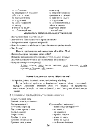 76
по требованию
по собственному желанию
работать по схеме
по последней моде
по поручению
по моим сведениям
по закону
Учебник по языку
по собственной воле
на вимогу
за власним бажанням
працювати за схемою
за останньою модою
за дорученням
за моїми відомостями
згідно з законом
підручник з мови
з власної волі
Питання та завдання для самоперевірки знань
– Які частини мови є службовими?
– Яка частина мови називається прийменником?
– Які прийменники первинні/вторинні?
– Наведіть приклади відіменних/прислівникових прийменників.
– Хто більше?
Назвіть прийменники, які вживаються з Р.в. (О.в., М.в.).
– Які прийменники пишуться через дефіс?
– Поясніть написання прийменників посеред, поміж, поперед.
– Як розрізняти прийменник з іменником від прислівника?
– Чому пишемо разом (окремо)?
З боку родичів; збоку чулося зітхання; услід дивилися; у слід
черевика; в бік річки; вбік дивився.
Вправи і завдання за темою “Прийменник”
1. Розкрийте дужки, поставте слова у потрібному відмінку.
Блука (по)поля; приїхати по (закінчення) школи; згідно з (вказівка);
всупереч (бажання); протягом (рік); усі поїдемо на (екскурсія);
виключаючи (ледарі); стосовно до (умова); спало (на) думка; відповідно до
(наказ).
2. Перекладіть з російської мови, утворивши словничок:
По собственной воле
По собственному желанию
Послать по почте
Поставить в пример
Поступать в университет
По требованию
По указанию
Прийти по делу
Принять во внимание
Принять к сведению
Скористайтесь довідкою:
– вступати до університету
– на вимогу
– за вказівкою
– прийти у справі
– взяти до уваги
– взяти до відома
– за будь-якої погоди
 