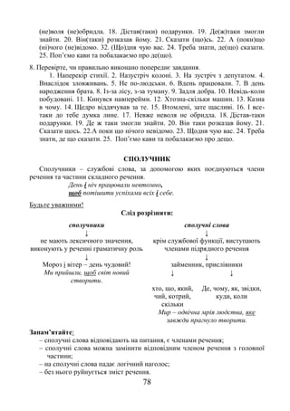 78
(не)воля (не)обридла. 18. Дістав(таки) подарунки. 19. Де(ж)таки змогли
знайти. 20. Він(таки) розказав йому. 21. Сказати (що)сь. 22. А (поки)що
(ні)чого (не)відомо. 32. (Що)дня чую вас. 24. Треба знати, де(що) сказати.
25. Поп’ємо кави та побалакаємо про де(що).
8. Перевірте, чи правильно виконано попереднє завдання.
1. Наперекір стихії. 2. Назустріч колоні. 3. На зустріч з депутатом. 4.
Внаслідок зловживань. 5. Не по-людськи. 6. Вдень працювали. 7. В день
народження брата. 8. Із-за лісу, з-за туману. 9. Задля добра. 10. Невідь-коли
побудовані. 11. Кинувся навперейми. 12. Хтозна-скільки машин. 13. Казна
в чому. 14. Щедро віддячував за те. 15. Втомлені, зате щасливі. 16. І все-
таки до тебе думка лине. 17. Невже неволя не обридла. 18. Дістав-таки
подарунки. 19. Де ж таки змогли знайти. 20. Він таки розказав йому. 21.
Сказати щось. 22.А поки що нічого невідомо. 23. Щодня чую вас. 24. Треба
знати, де що сказати. 25. Поп’ємо кави та побалакаємо про дещо.
СПОЛУЧНИК
Сполучники – службові слова, за допомогою яких поєднуються члени
речення та частини складного речення.
День і ніч працювали невтомно,
щоб потішити успіхами всіх і себе.
Будьте уважними!
Слід розрізняти:
сполучники
↓
не мають лексичного значення,
виконують у реченні граматичну роль
↓
Мороз і вітер – день чудовий!
сполучні слова
↓
крім службової функції, виступають
членами підрядного речення
↓
займенник, прислівники
Ми прийшли, щоб світ новий
створити.
↓ ↓
хто, що, який,
чий, котрий,
скільки
Де, чому, як, звідки,
куди, коли
Мир – одвічна мрія людства, яке
завжди прагнуло творити.
Запам’ятайте:
– сполучні слова відповідають на питання, є членами речення;
– сполучні слова можна замінити відповідним членом речення з головної
частини;
– на сполучні слова падає логічний наголос;
– без нього руйнується зміст речення.
 