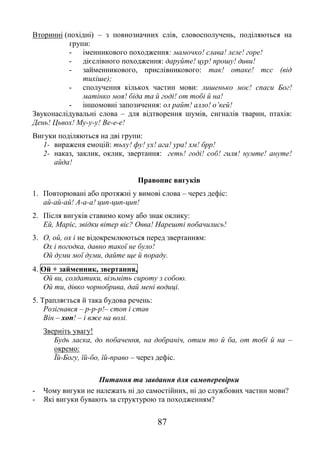 87
Вторинні (похідні) – з повнозначних слів, словосполучень, поділяються на
групи:
- іменникового походження: мамочко! слава! леле! горе!
- дієслівного походження: даруйте! цур! прошу! диви!
- займенникового, прислівникового: так! отаке! тсс (від
тихіше);
- сполучення кількох частин мови: лишенько моє! спаси Бог!
матінко моя! біда та й годі! от тобі й на!
- іншомовні запозичення: ол райт! алло! о’кей!
Звуконаслідувальні слова – для відтворення шумів, сигналів тварин, птахів:
День! Цьвох! Му-у-у! Ве-е-е!
Вигуки поділяються на дві групи:
1- вираженя емоцій: тьху! фу! ух! ага! ура! хм! брр!
2- наказ, заклик, оклик, звертання: геть! годі! соб! гиля! нумте! ануте!
айда!
Правопис вигуків
1. Повторювані або протяжні у вимові слова – через дефіс:
ай-ай-ай! А-а-а! цип-цип-цип!
2. Після вигуків ставимо кому або знак оклику:
Ей, Маріє, звідки вітер віє? Овва! Нарешті побачились!
3. О, ой, ох і не відокремлюються перед звертанням:
Ох і погодка, давно такої не було!
Ой думи мої думи, дайте ще й пораду.
4. Ой + займенник, звертання,
Ой ви, солдатики, візьміть сироту з собою.
Ой ти, дівко чорнобрива, дай мені водиці.
5. Трапляється й така будова речень:
Розігнався – р-р-р!– стоп і став
Він – хоп! – і вже на волі.
Зверніть увагу!
Будь ласка, до побачення, на добраніч, отим то й ба, от тобі й на –
окремо:
Їй-Богу, їй-бо, їй-право – через дефіс.
Питання та завдання для самоперевірки
- Чому вигуки не належать ні до самостійних, ні до службових частин мови?
- Які вигуки бувають за структурою та походженням?
 