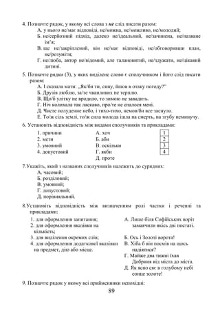 89
4. Позначте рядок, у якому всі слова з не слід писати разом:
А. у нього не/має відповіді, не/можна, не/можливо, не/молодий;
Б. не/серйозний підхід, далеко не/ідеальний, не/зачинена, не/назване
ім’я;
В. ще не/закріплений, він не/має відповіді, не/обговоривши план,
не/розуміти;
Г. не/люба, автор не/відомий, але талановитий, не/здужати, не/цікавий
дитині.
5. Позначте рядки (3), у яких виділене слово є сполучником і його слід писати
разом:
А. І сказала мати: „Як/би ти, сину, йшов в отаку погоду?”
Б. Друзів люблю, за/те чванливих не терплю.
В. Що/б улітку не вродило, то зимою не завадить.
Г. Ніч колихала так ласкаво, про/те не спалося мені.
Д. Чисте полуденне небо, і тихо-тихо, немов/би все заснуло.
Е. То/ж сіль землі, то/ж сила молода ішла на смерть, на згубу неминучу.
6. Установіть відповідність між видами сполучників та прикладами:
1. причини А. хоч 1
2. мети Б. аби 2
3. умовний В. оскільки 3
4. допустовий Г. якби 4
Д. проте
7.Укажіть, який з названих сполучників належить до сурядних:
А. часовий;
Б. розділовий;
В. умовний;
Г. допустовий;
Д. порівняльний.
8.Установіть відповідність між визначенням ролі частки і реченні та
прикладами:
1. для оформлення запитання; А. Лише біля Софійських воріт
замаячили якісь дві постаті.2. для оформлення вказівки на
кількість;
3. для виділення окремих слів; Б. Ось і Золоті ворота!
4. для оформлення додаткової вказівки
на предмет, дію або місце.
В. Хіба б він посмів на щось
надіятися?
Г. Майже два тижні їхав
Добриня від міста до міста.
Д. Як ясно сяє в голубому небі
сонце золоте!
9. Позначте рядок у якому всі прийменники непохідні:
 