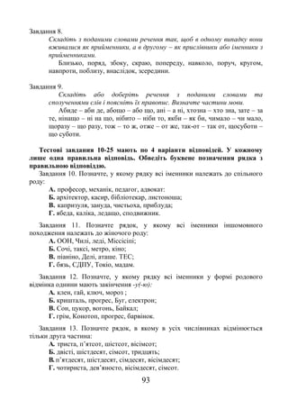 93
Завдання 8.
Складіть з поданими словами речення так, щоб в одному випадку вони
вживалися як прийменники, а в другому – як прислівники або іменники з
прийменниками.
Близько, поряд, збоку, скраю, попереду, навколо, поруч, кругом,
навпроти, поблизу, внаслідок, зсередини.
Завдання 9.
Складіть або доберіть речення з поданими словами та
сполученнями слів і поясніть їх правопис. Визначте частини мови.
Абиде – аби де, абощо – або що, ані – а ні, хтозна – хто зна, зате – за
те, нінащо – ні на що, нібито – ніби то, якби – як би, чимало – чи мало,
щоразу – що разу, тож – то ж, отже – от же, так-от – так от, щосуботи –
що суботи.
Тестові завдания 10-25 мають по 4 варіанти відповідей. У кожному
лише одна правильна відповідь. Обведіть буквене позначення рядка з
правильною відповіддю.
Завдання 10. Позначте, у якому рядку всі іменники належать до спільного
роду:
A. професор, механік, педагог, адвокат:
Б. архітектор, касир, бібліотекар, листоноша;
B. капризуля, зануда, чистьоха, приблуда;
Г. ябеда, каліка, ледащо, сподвижник.
Завдання 11. Позначте рядок, у якому всі іменники іншомовного
походження належать до жіночого роду:
A. ООН, Чилі, леді, Міссісіпі;
Б. Сочі, таксі, метро, кіно;
B. піаніно, Делі, аташе. ТЕС;
Г. бязь, СДПУ, Токіо, мадам.
Завдання 12. Позначте, у якому рядку всі іменники у формі родового
відмінка однини мають закінчення -у(-ю):
А. клен, гай, ключ, мороз ;
Б. кришталь, прогрес, Буг, електрон;
В. Сон, цукор, вогонь, Байкал;
Г. грім, Конотоп, прогрес, барвінок.
Завдання 13. Позначте рядок, в якому в усіх числівниках відмінюється
тільки друга частина:
A. триста, п’ятсот, шістсот, вісімсот;
Б. двісті, шістдесят, сімсот, тридцять;
B. п’ятдесят, шістдесят, сімдесят, вісімдесят;
Г. чотириста, дев’яносто, вісімдесят, сімсот.
 