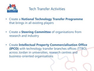 Tech Transfer ActivitiesCreate a National Technology Transfer Programme that brings in all existing playersCreate a Steering Committee of organisations from research and industryCreate Intellectual Property Commercialisation Office (IPCO) with technology transfer branches offices (TTBO) across Jordan in universities, research centres and business-oriented organisations