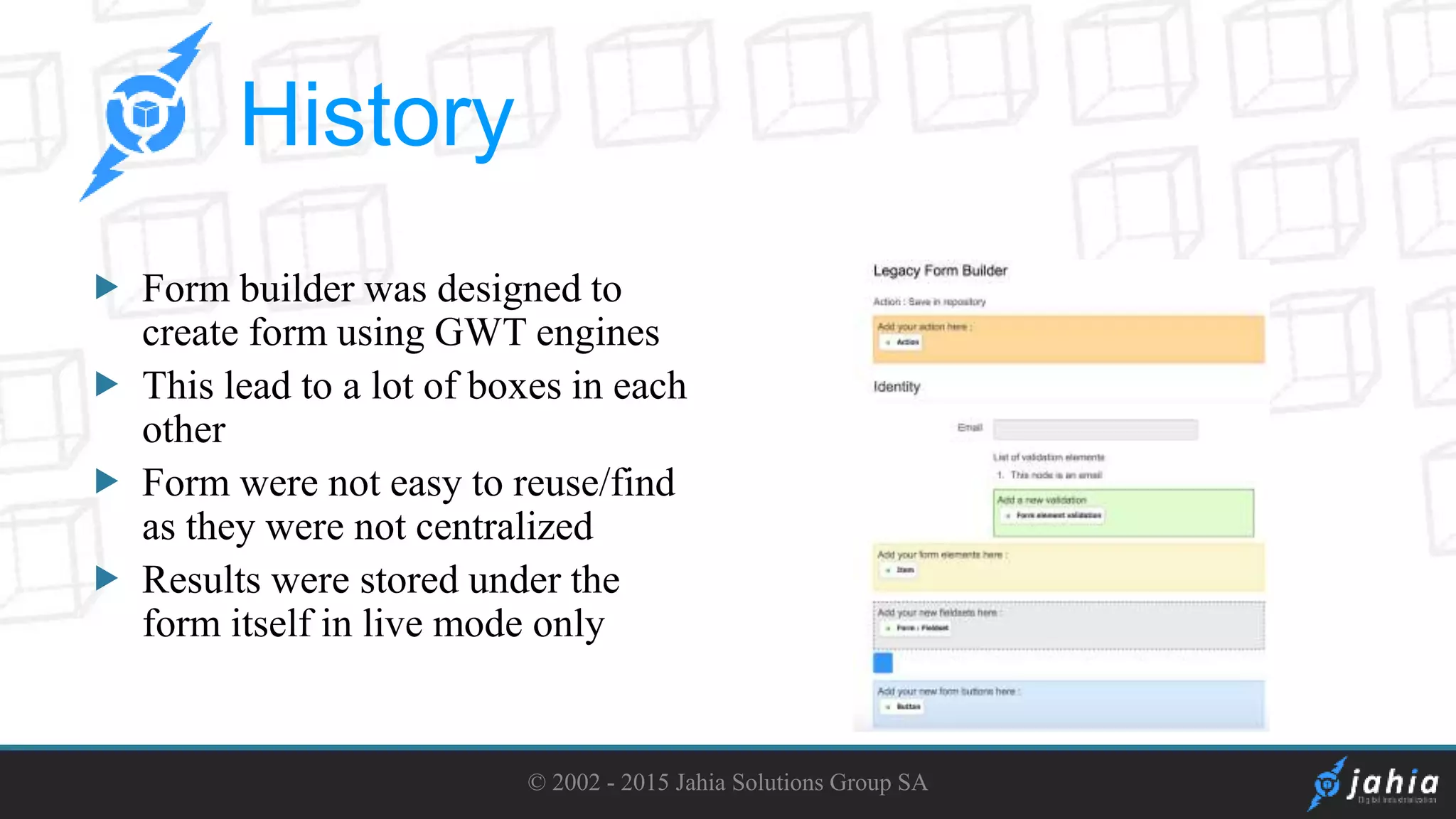  Form builder was designed to
create form using GWT engines
This lead to a lot of boxes in each
other
Form were not easy to reuse/find
as they were not centralized
Results were stored under the
form itself in live mode only
© 2002 - 2015 Jahia Solutions Group SA
History