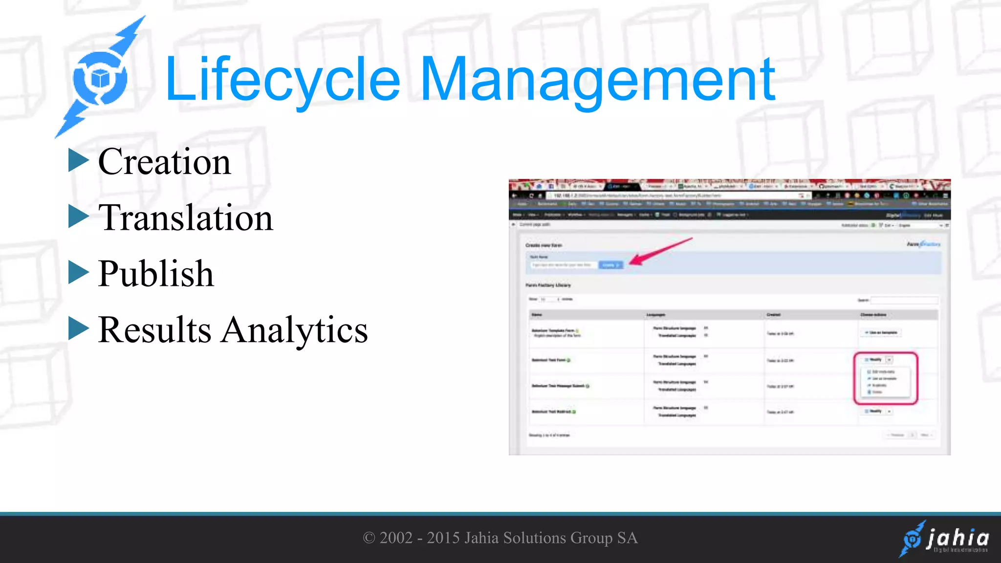Creation
Translation
Publish
Results Analytics
© 2002 - 2015 Jahia Solutions Group SA
Lifecycle Management