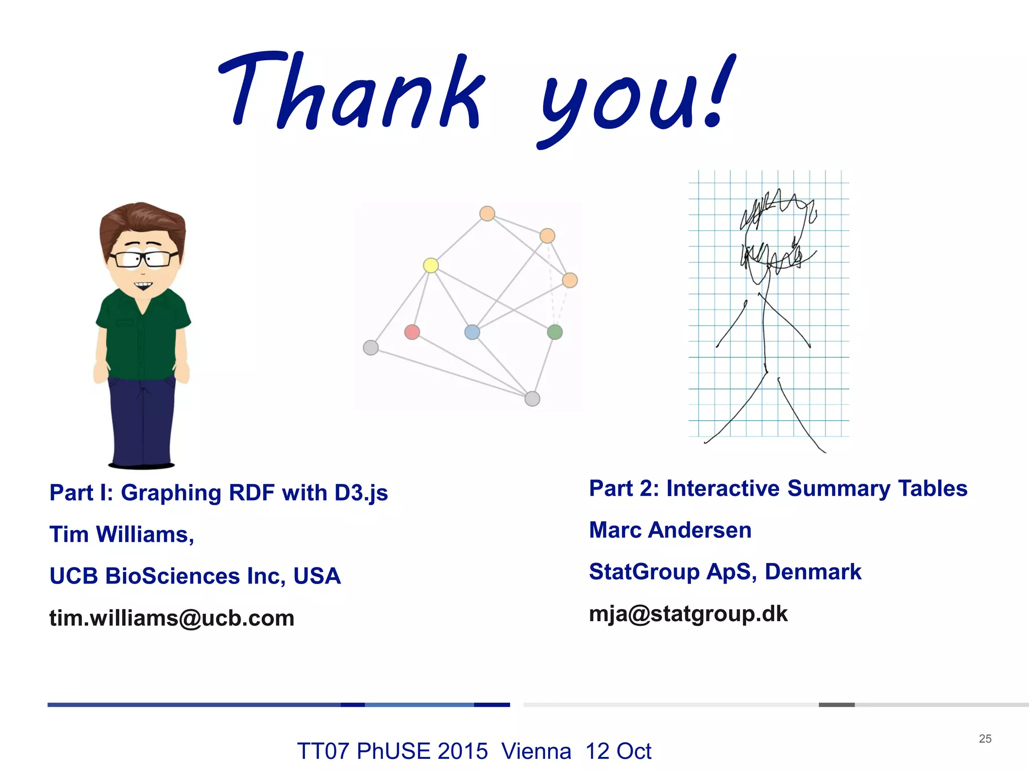 TT07 PhUSE 2015 Vienna 12 Oct
25
Thank you!
Part I: Graphing RDF with D3.js
Tim Williams,
UCB BioSciences Inc, USA
tim.williams@ucb.com
Part 2: Interactive Summary Tables
Marc Andersen
StatGroup ApS, Denmark
mja@statgroup.dk
 