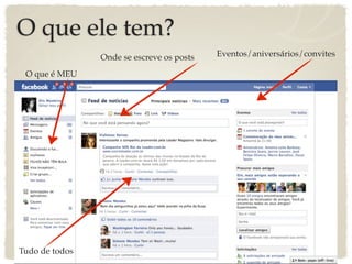 O que ele tem?
                Onde se escreve os posts   Eventos/aniversários/convites

 O que é MEU




Tudo de todos
 