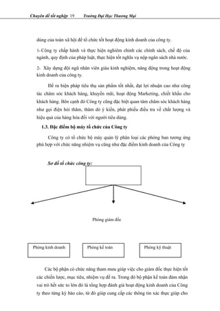 Chuyên đề tốt nghệp 19 Trường Đại Học Thương Mại
dùng của toàn xã hội để tổ chức tốt hoạt động kinh doanh của công ty.
1- Công ty chấp hành và thực hiện nghiêm chỉnh các chính sách, chế độ của
ngành, quy định của pháp luật, thực hiện tốt nghĩa vụ nộp ngân sách nhà nước.
2- Xây dựng đội ngũ nhân viên giàu kinh nghiệm, năng động trong hoạt động
kinh doanh của công ty.
Đề ra biện pháp tiêu thụ sản phẩm tốt nhất, đạt lợi nhuận cao như công
tác chăm sóc khách hàng, khuyến mãi, hoạt động Marketing, chiết khấu cho
khách hàng. Bên cạnh đó Công ty cũng đặc biệt quan tâm chăm sóc khách hàng
như gọi điện hỏi thăm, thăm dò ý kiến, phát phiếu điều tra về chất lượng và
hiệu quả của hàng hóa đối với người tiêu dùng.
1.3. Đặc điểm bộ máy tổ chức của Công ty
Công ty có tổ chức bộ máy quản lý phân loại các phòng ban tương ứng
phù hợp với chức năng nhiệm vụ cũng như đặc điểm kinh doanh của Công ty
Sơ đồ tổ chức công ty:
Phòng giám đốc
Phòng kinh doanh Phòng kế toán Phòng kỹ thuật
Các bộ phận có chức năng tham mưu giúp việc cho giám đốc thực hiện tốt
các chiến lược, mục tiêu, nhiệm vụ đề ra. Trong đó bộ phận kế toán đảm nhận
vai trò hết sức to lớn đó là tổng hợp đánh giá hoạt động kinh doanh của Công
ty theo từng kỳ báo cáo, từ đó giúp cung cấp các thông tin xác thực giúp cho
 