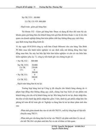 Chuyên đề tốt nghệp 30 Trường Đại Học Thương Mại
Nợ TK 3331 : 80.000
Có TK 131-VP: 880.000
-Hạch toán giảm giá hàng bán:
Tài khoản 532 - Giảm giá hàng bán: Được sử dụng để theo dõi toàn bộ các
khoản giảm giá hàng bán cho khách hàng trên giá bán đã thỏa thuận vì các lý do chủ
quan của doanh nghiệp (hàng bán kém phẩm chất hay không đúng quy cách theo
quy định trong hợp đồng kinh tế).
Ví dụ: ngày 05/8/2010 công ty xuất bán Chuột Mitsumi cho cửa hàng Tân Bình
PC.Bên mua tiến hành kiểm nghiệm và xác định mẫu mã không đúng theo hợp
đồng mua bán, lúc này hai bên lập biên bản kiểm nghiệm và căn cứ vào biên bản
kiểm nghiệm (phụ lục 7), công ty tiến hành ghi vào chứng từ ghi sổ.
+ Nợ TK 532 : 300.000
Nợ TK 3331: 30.000
Có TK
131:
330.00
0
+ Nợ TK 511:
300.00
0
Có TK 532:
300.00
0
_ Hạch toán hàng bán bị trả lại:
Trường hợp hàng hoá tại Công ty đã chuyển cho khách hàng nhưng do vi
phạm hợp đồng như không đúng quy cách, chủng loại hay kích cỡ sản phẩm mà
khách hàng yêu cầu sẽ bị khách hàng trả lại. Khi hàng hoá bị trả lại, được nhập kho,
thủ kho sẽ tiến hành lập phiếu nhập kho gồm 3 liên, định kỳ gửi phiếu nhập kho lên
phòng kế toán để kế toán ghi sổ. Nghiệp vụ hàng bán bị trả lại được phản ánh như
sau:
-Phản ánh giảm doanh thu vào sổ chi tiết TK531, cuối kỳ tổng hợp số liệu kết
chuyển sang TK511.
-Phản ánh giá vốn hàng bán bị trả lại vào TK632 cột phát sinh bên Có vào sổ
chi tiết TK1561 cột phát sinh bên Nợ và các sổ khác có liên quan.
SVTH: Nguyễn Thị Quỳnh GVHD:Th.S
Nguyễn Thành Hưng
 