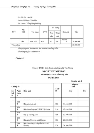 Chuyên đề tốt nghệp 58 Trường Đại Học Thương Mại
Địa chỉ: Gia Lộc-Hải
Dương Nội dung: Xuất bán
Tài khoản: Tiền gửi ngân hàng
Số lượng
STT
Mã
HH Tên hàng ĐVT Đơn giá Tiền
Yêu Thực
cầu xuất
1 HP Ram 2GB Cái 50 50
400.00
0 20.000.000
Tổng cộng 20.000.000
Tổng cộng tiền thanh toán: Hai mươi triệu đồng chẵn.
Số chứng từ gốc kèm theo: 01
Phụ lục 15
Công ty TNHH Kinh doanh và công nghệ Tân Phong
SỔ CHI TIẾT TÀI KHOẢN
Tài khoản 632: Giá vốn hàng bán
Quý III/2010
D đầu kỳ: 0ƣ
Chứng từ
Số phát
sinh
Diễn giải
TKĐ
ƢSố Ngày Nợ Có
hiệ
u
thán
g
……………………..
05/0
4 Bán cho Anh Vũ 156 84.462.000
15/0
4 Bán cho công ty CP TM Việt Nam 156 12.896.000
17/0
4 Đại lý Vương Anh 156 52.500.000
15/0
4 Bán cho Nguyễn Mai Hương 156 21.800.000
28/0
4
Bán cho công ty cổ phần Sara Hải
Dương 156 54.500.000
 
