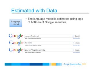Estimated with Data
•  The language model is estimated using logs
of billions of Google searches.Language
Model
 