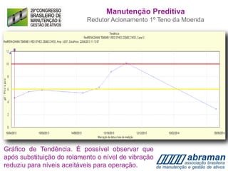 Gráfico de Tendência. É possível observar que
após substituição do rolamento o nível de vibração
reduziu para níveis aceitáveis para operação.
Manutenção Preditiva
Redutor Acionamento 1º Teno da Moenda
 