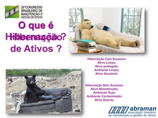 O que é
Hibernação ?
Sono letárgico de certos animais
e vegetais durante o inverno.
Hibernação Sem Sucesso:
Ativo Abandonado;
Ambiente Sujo;
Ambiente Contaminado;
Ativo Doente.
Hibernação Com Sucesso:
Ativo Limpo;
Ativo protegido;
Ambiente Limpo;
Ativo Saudável.
O que é
Hibernação
de Ativos ?
Por analogia, hibernação de ativos é uma
manutenção de conservação que deve ser utilizada
durante o período de entressafra ou sempre que
um ativo permanecer por um longo período fora de
operação
 
