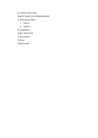 D. Teknik Analisis Data
BAB IV HASIL DAN PEMBAHASAN
A. Pelaksanaan Siklus
1. Siklus I
2. Siklus II
B. Pembahasan
BAB V PENUTUP
A. Kesimpulan
B. Saran
Daftar Pustaka
 