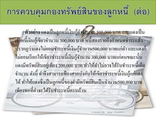 ตัวอย่าง แดงเป็นลูกหนี้เงินกู้ดาจานวน 500,000 บาท และแดงเป็น
เจ้าหนี้เงินกู้เขียวจานวน300,000 บาท หนี้สองรายถึงกาหนดชาระแล้ว
ปรากฏว่าแดงไม่ยอมชาระหนี้เงินกู้จานวน500,000 บาทแก่ดา และแดงก็
ไม่ยอมเรียกให้เขียวชาระหนี้เงินกู้จานวน300,000 บาทแก่ตนขณะนั้น
แดงมีทรัพย์สินอยู่เพียง 200,000 บาท ทาให้ดาไม่อาจได้รับชาระหนี้เต็ม
จานวน ดังนี้ ดาจึงสามารถฟ้องศาลบังคับให้เขียวชาระหนี้เงินกู้แก่แดง
ได้ทาให้แดงซึ่งเป็นลูกหนี้ของดามีทรัพย์สินเป็นจานวน500,000 บาท
เพียงพอที่ดาจะได้รับชาระหนี้ครบถ้วน
 