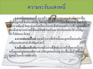 3.การหักกลบลบหนี้ หมายถึง การที่บุคคลสองคนต่างมีฐานะเป็น
เจ้าหนี้ลูกหนี้ซึ่งกันและกัน โดยมีฐานะสลับกันในหนี้สองราย ซึ่งหนี้ทั้ง
สองรายต้องมีวัตถุแห่งหนี้เหมือนกันและถึงกาหนดชาระแล้ว บุคคลทั้ง
สองจึงสามารถนาหนี้ที่ตนมีสิทธิเรียกร้องมาหักกันลบกันได้หนี้ที่ถูก
หักไปย่อมระงับลง
4.การแปลงหนี้ใหม่ หมายถึง การที่เจ้าหนี้และลูกหนี้ตกลงกัน
เปลี่ยนแปลงสาระสาคัญแห่งหนี้
5.หนี้เกลื่อนกลืนกัน หมายถึง การที่สิทธิและหน้าที่ของหนี้ราย
หนึ่งตกแก่บุคคลคนเดียว กล่าวคือบุคคลนั้นมีฐานะเป็นทั้งเจ้าหนี้และ
ลูกหนี้ในหนี้รายเดียวกัน
 