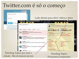 Twitter.com é só o começo

                                 Lado direito para abrir vídeos e fotos




  Trending Topics por país e                    Trending Topics
cidade - Rio de Janeiro já tem               Promoted (comprado)
 