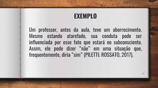 EXEMPLO
12
Um professor, antes da aula, teve um aborrecimento.
Mesmo estando atarefado, sua conduta pode ser
influenciada por esse fato que estará no subconsciente.
Assim, ele pode dizer “não” em uma situação que,
frequentemente, diria “sim” (PILETTI; ROSSATO, 2017).
 