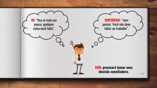 26
ID: “fica aí mais um
pouco, qualquer
coisa você falta”.
SUPEREGO: “nem
pensar. Você não deve
faltar ao trabalho”.
EGO: precisará tomar uma
decisão conciliadora.
 