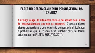FASES DO DESENVOLVIMENTO PSICOSSEXUAL DA
CRIANÇA
28
A criança reage de diferentes formas de acordo com a fase
de desenvolvimento em que se encontra. O estudo dessas
etapas proporciona o conhecimento de possíveis dificuldades
e problemas que a criança deve resolver para se formar
psiquicamente (PILETTI; ROSSATO, 2017).
 