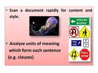 • Scan a document rapidly for content and
style.
• Analyze units of meaning
which form each sentence
(e.g. clauses)
 
