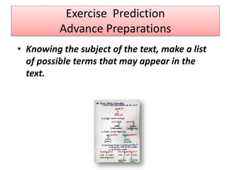 Exercise Prediction
Advance Preparations
• Knowing the subject of the text, make a list
of possible terms that may appear in the
text.
 