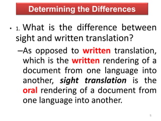 5
Determining the Differences
• 1. What is the difference between
sight and written translation?
–As opposed to written translation,
which is the written rendering of a
document from one language into
another, sight translation is the
oral rendering of a document from
one language into another.
 