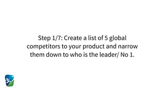 Step 1/7: Create a list of 5 global
competitors to your product and narrow
them down to who is the leader/ No 1.
 