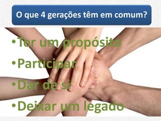 O que 4 gerações têm em comum?
•Ter um propósito
•Participar
•Dar de si
•Deixar um legado
 