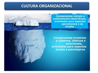 O iceberg da cultura organizacional
CULTURA ORGANIZACIONAL
Componentes visíveis e
publicamente observáveis,
orientados para aspectos
operacionais e de
tarefas
Componentes invisíveis
e cobertos, afetivos e
emocionais,
orientados para aspectos
sociais e psicológicos
 