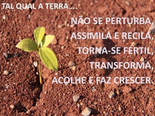 TAL QUAL A TERRA ...
NÃO SE PERTURBA,
ASSIMILA E RECILA,
TORNA-SE FÉRTIL,
TRANSFORMA,
ACOLHE E FAZ CRESCER.
 