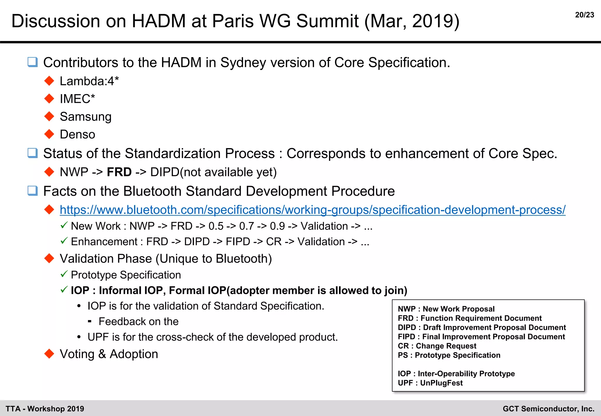 20/23
GCT Semiconductor, Inc.TTA - Workshop 2019
Discussion on HADM at Paris WG Summit (Mar, 2019)
❑ Contributors to the HADM in Sydney version of Core Specification.
◆ Lambda:4*
◆ IMEC*
◆ Samsung
◆ Denso
❑ Status of the Standardization Process : Corresponds to enhancement of Core Spec.
◆ NWP -> FRD -> DIPD(not available yet)
❑ Facts on the Bluetooth Standard Development Procedure
◆ https://www.bluetooth.com/specifications/working-groups/specification-development-process/
✓ New Work : NWP -> FRD -> 0.5 -> 0.7 -> 0.9 -> Validation -> ...
✓ Enhancement : FRD -> DIPD -> FIPD -> CR -> Validation -> ...
◆ Validation Phase (Unique to Bluetooth)
✓ Prototype Specification
✓ IOP : Informal IOP, Formal IOP(adopter member is allowed to join)
 IOP is for the validation of Standard Specification.
 Feedback on the
 UPF is for the cross-check of the developed product.
◆ Voting & Adoption
NWP : New Work Proposal
FRD : Function Requirement Document
DIPD : Draft Improvement Proposal Document
FIPD : Final Improvement Proposal Document
CR : Change Request
PS : Prototype Specification
IOP : Inter-Operability Prototype
UPF : UnPlugFest
 