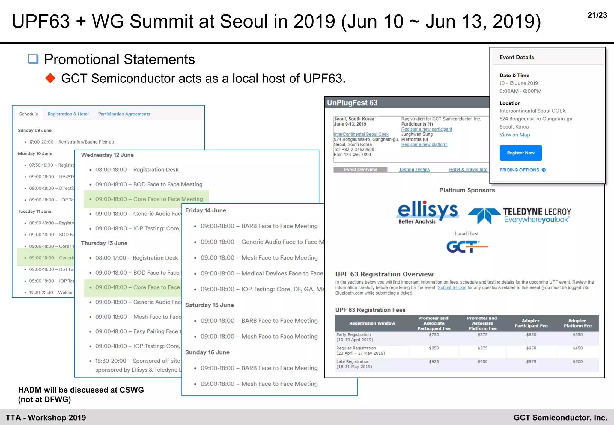 21/23
GCT Semiconductor, Inc.TTA - Workshop 2019
UPF63 + WG Summit at Seoul in 2019 (Jun 10 ~ Jun 13, 2019)
❑ Promotional Statements
◆ GCT Semiconductor acts as a local host of UPF63.
HADM will be discussed at CSWG
(not at DFWG)
 