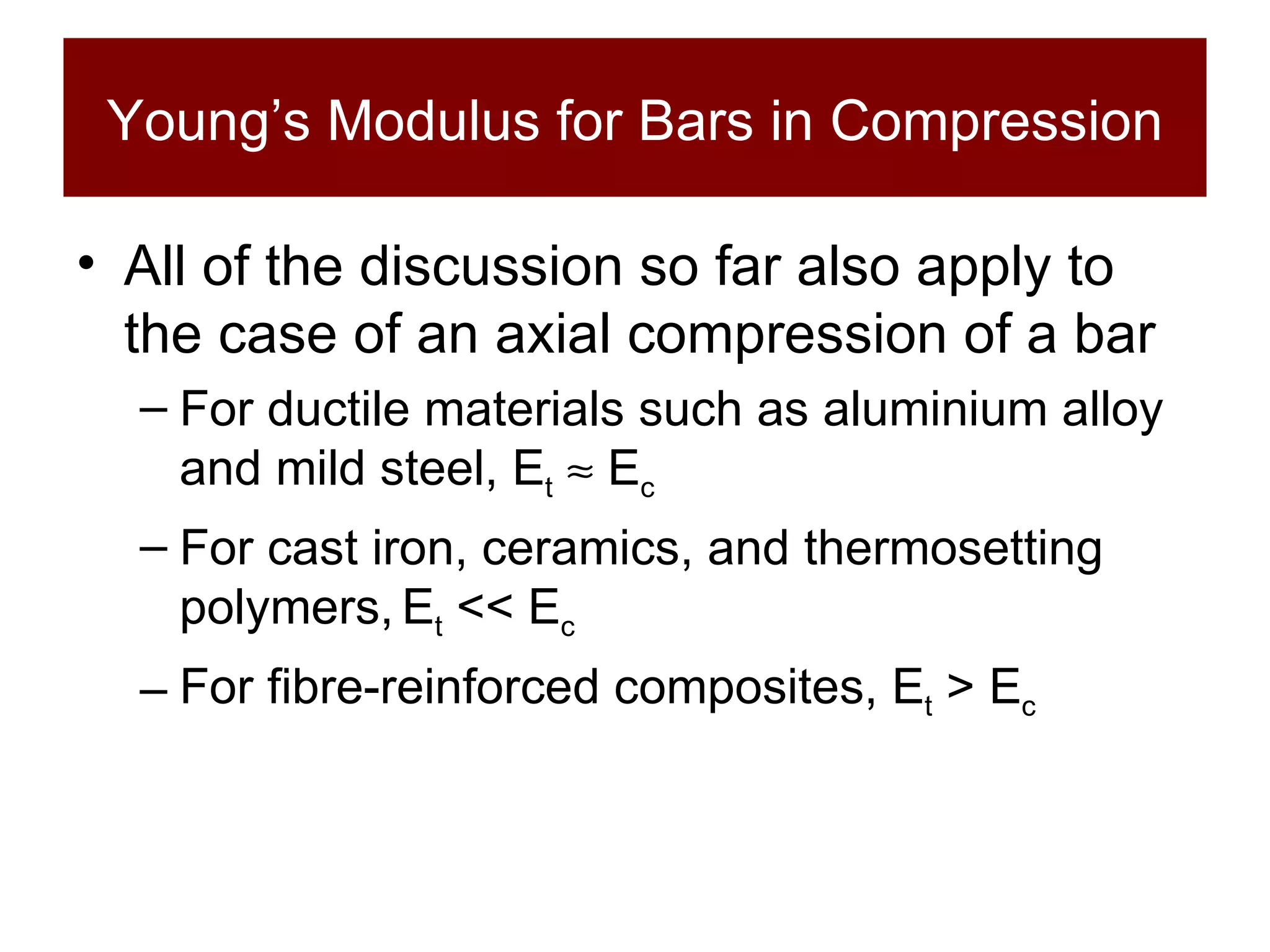 Young’s Modulus for Bars in Compression All of the discussion so far also apply to the case of an axial compression of a bar For ductile materials such as aluminium alloy and mild steel, E t     E c For cast iron, ceramics, and thermosetting polymers,   E t  << E c For fibre-reinforced composites, E t  > E c 