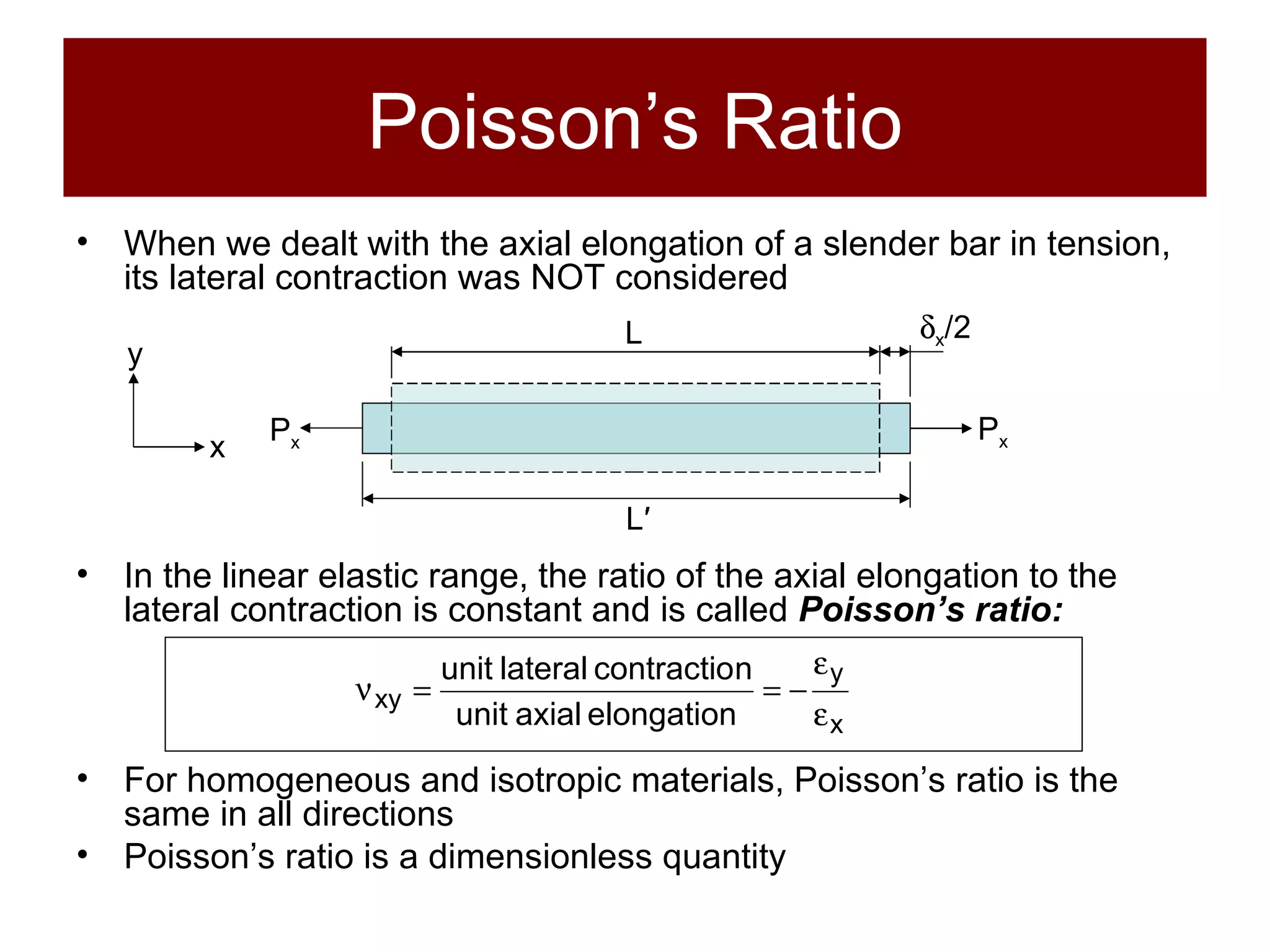 Poisson’s Ratio When we dealt with the axial elongation of a slender bar in tension, its lateral contraction was NOT considered In the linear elastic range, the ratio of the axial elongation to the lateral contraction is constant and is called  Poisson’s ratio: For homogeneous and isotropic materials, Poisson’s ratio is the same in all directions Poisson’s ratio is a dimensionless quantity L L ′  x /2 P x P x x y 