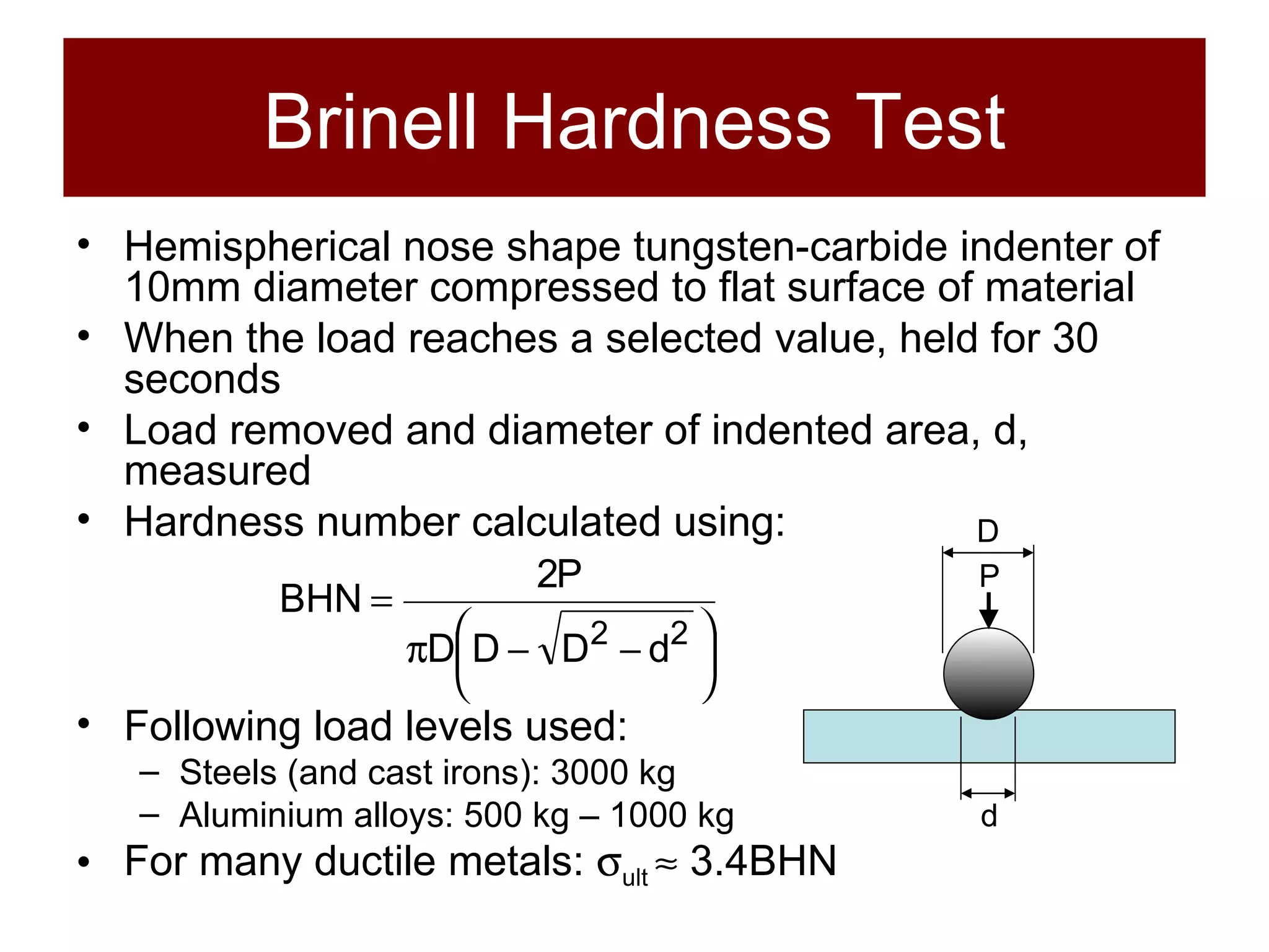 Brinell Hardness Test Hemispherical nose shape tungsten-carbide indenter of 10mm diameter compressed to flat surface of material When the load reaches a selected value, held for 30 seconds Load removed and diameter of indented area, d, measured Hardness number calculated using: Following load levels used: Steels (and cast irons): 3000 kg Aluminium alloys: 500 kg – 1000 kg For many ductile metals:   ult    3.4BHN D d P 