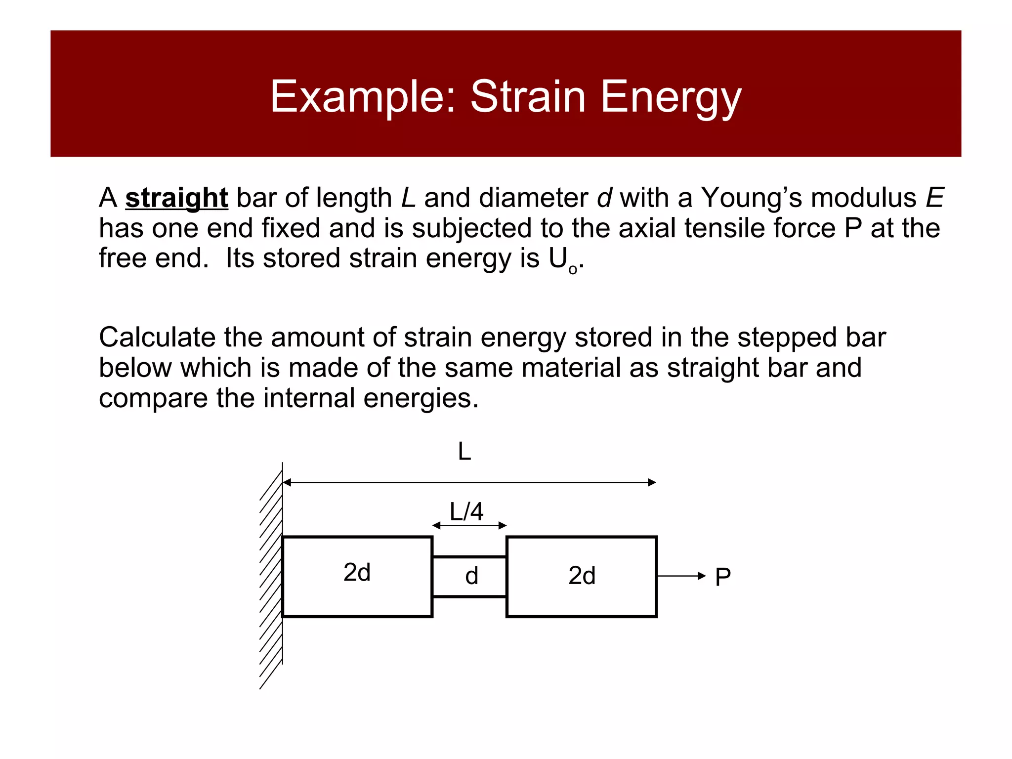 Example: Strain Energy A  straight  bar of length  L  and diameter  d  with a Young’s modulus  E  has one end fixed and is subjected to the axial tensile force P at the free end.  Its stored strain energy is U o .  Calculate the amount of strain energy stored in the stepped bar below which is made of the same material as straight bar and compare the internal energies. L/4 L 2d 2d d P 