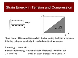 Strain Energy in Tension and Compression Strain energy U is stored internally in the bar during the loading process. If the bar behaves elastically, it is called elastic strain energy. For energy conservation:  Internal strain energy  = external work W required to deform bar U = W=P  /2  Units for strain energy: Nm or Joule (J). P   P 