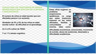 CUALES SON LOS TRASTORNOS DE ORIGEN
NEUROLÓGICO QUE AFECTAN EN LA INFANCIA
Y ADOLESCENCIA:
El numero de niños en edad escolar que son
afectados parece ir en aumento.
Alrededor de 5% y 6% de los niños en edad
escolar sufren de dificultad en el aprendizaje.
Un 3 a 4% sufren de TDAH.
Y un 1 % retraso cognitivo.
Estas cifras sugieren un
problema de
proporciones
epidémicas. La carga
que estos trastornos
suponen en los niños
afectados, familias y
comunidades es
enorme, tales como:
dificultades económicas, emocionales, incremento
de suicido, abuso de sustancias, desempleo y
dificultades académicas.
 