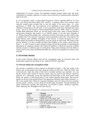 Computer Science & Information Technology (CS & IT) 187
implemented for resource control. The algorithm attempts through simple steps and minor
computations to mitigate congestion in wireless sensor networks by creating dynamic alternative
paths to the sink.
In [7] an algorithm which is called Rapid Congestion Control Algorithm (RCCA) for data
flow rate control and Cluster Head (CH) selection is proposed. Most of the wireless sensor
networks research topics consider how to save the energy of the sensor nodes. In some
applications of WSN, like the monitoring of an earthquake or forest wildfire, transmitting
emergency data packets to the sink node as soon as possible is much more important than saving
power. Liu et al., [8] focused on Priority-based Hybrid Protocol WSN model to provide a
feasible WSN architecture, which can save the energy of the sensor nodes in normal situation,
and transmits emergency data packets in an efficient manner to the sink node. Gajendra et
al., [9] has presented the multiple sink mechanism in which sensor nodes are able to deliver data
to multiple sink in the network. Congestion control mechanism used in this work improves the
packet delivery ratio, reliability, throughput of the network. It reduces the packet loss ratio,
which reduces the number of retransmission, saves the energy of sensor node. This improves the
network lifetime. It is able to handle the Black Hole Problem in the wireless sensor network.
Kiran et al., [10] focused on many problems starting with the basic problem of eliminating the
phenomenon of congestion collapse, and include the problems of effectively using the available
network resources in different types of environments. Many other techniques have the ability to
measure the loss rate, delay and bottleneck buffer size, and level of congestion in wireless sensor
networks.
5. NETWORK MODEL
In this section Network Model used and the Assumptions made are discussed along with
preliminaries required for the design of our proposed TTACCA Algorithm.
5.1 Network Model and Assumptions Made
The network is modelled as bowl structure as illustrated in Figure 1. The sink resides at the
bottom, and all data packets flow down along the surface just like water. When the traffic load
in the network is light, the surface of the bowl is smoother and hence our algorithm acts just
like the shortest path routing. In heavily loaded cases (e.g., burst of data packets caused by
detection of a monitoring event), the congestion will form bulges on the bowl surface which
blocks the packets to flow directly down to the bottom along the shortest path. The excessive
packets are driven by the potential field to the appropriate alternative path without obstacles, i.e.,
idle or less loaded nodes. When the congestion disappears, the bowl surface becomes smoother,
and the packets continue to move along the shortest path. Essentially, through spreading the
packet transmissions spatially and temporarily, our TTACCA scheme alleviates congestion,
while improving the throughput at the same time [2].
Table 1: Symbols used in the Algorithm
Symbols Meaning
N_ID Neighbour node ID
U_msg Updated Message
local depth Depth value of the parent node
Local queue length Queue length value of parent node
Q(N_ID) Normalized queue length of the neighbour node
C Cost of radio link between parent node and
neighbour node
D Depth of neighbour node
 