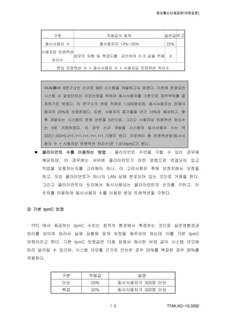 정보통신단체표준(국문표준)
TTAK.KO-10.0292１９
구분 적용값의 범위 일반값비고
동시사용자 수 총사용자의 10%~30% 20%
사용자당 트랜잭션
처리수
업무의 유형 및 복잡도를 감안하여 3~5 값을 적용 4
분당 트랜잭션 수 = 동시사용자 수 * 사용자당 트랜잭션 처리수
 클라이언트 수를 이용하는 방법 : 클라이언트 수만을 구할 수 있는 경우에
해당하며, 이 경우에는 서버에 클라이언트가 어떤 방법으로 연결되어 있고
작업을 요청하는지를 고려해야 하나, 이 고려사항은 후에 보정치에서 보정을
하고, 모든 클라이언트가 하나의 LAN 상에 분포되어 있는 것으로 가정을 한다.
그리고 클라이언트의 숫자에서 동시사용되는 클라이언트의 숫자를 구하고, 이
숫자를 이용하여 동시사용자 수를 이용한 분당 트랜잭션을 구한다.
② 기본 tpmC 보정
TPC 에서 제공하는 tpmC 수치는 최적의 환경에서 측정하는 것으로 실운영환경과
차이를 보이며 따라서 실제 상황에 맞게 보정을 해주어야 하는데 이를 기본 tpmC
보정이라고 한다. 기본 tpmC 보정값은 다음 표에서 제시한 바와 같이 시스템 규모에
따라 달라질 수 있으며, 시스템 규모를 근거로 단순한 경우 20%를 복잡한 경우 30%를
적용한다.
구분 적용값 설명
단순 20% 동시사용자가 300명 미만
복잡 30% 동시사용자가 300명 이상
<<사례>> B연구소는 신규로 MIS 시스템을 개발하고자 하였다. 기존에 운영되는
시스템 이 없었던터라 규모산정을 위하여 동시사용자를 기준으로 업무부하를 결
정하기로 하였다. 이 연구소의 전체 직원은 1,000명이며, 동시사용자는 전체사
용자의 20%로 산정하였다. 또한, 사용자의 증가율을 년간 10%로 예상하고, 향
후 개발되는 시스템의 운영 년한을 5년으로, 그리고 사용자당 트랜잭션 처리수
는 5로 가정하였다. 이 경우 신규 개발될 시스템의 동시사용자 수는 약
322(1,000*0.2*1.1*1.1*1.1*1.1*1.1)명이 된다. 이로부터 총 트랜잭션량(동시사
용자 수 * 사용자당 트랜잭션 처리수)은 1,610tpmC가 된다.
 