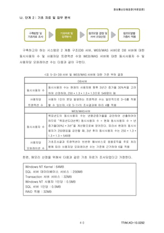 정보통신단체표준(국문표준)
TTAK.KO-10.0292４０
나. 단계 2 : 기초 자료 및 업무 분석
구축하고자 하는 시스템은 2 계층 구조(DB 서버, WEB/WAS 서버)로 DB 서버에 대한
동시사용자 수 및 사용자당 트랜잭션 수와 WEB/WAS 서버에 대한 동시사용자 수 및
사용자당 오퍼레이션 수는 다음과 같이 구한다.
<표 5-3> DB 서버 및 WEB/WAS 서버에 대한 기준 부하 결정
DB서버
동시사용자 수
동시사용자 수는 현재의 사용자에 향후 3년간 증가율 30%씩을 고려
하여 산정하며, 250 * 1.3 * 1.3 * 1.3으로 549명이 됨
사용자당
트랜잭션 수
사용자 1인이 분당 발생하는 트랜잭션 수는 일반적으로 3~5를 적용
할 수 있는데, <표 5-1>의 조사결과에 따라 4를 적용
WEB/WAS서버
동시사용자 수
목표년도의 동시사용자 수는 년평균증가율을 감안하여 산출하여야
하므로 “목표년도(3년후) 동시사용자 수 = 현재 동시사용자 수 * 년
증가율(30%) * 3년”을 계산함으로써 얻어진다. 따라서 현재의 동시사
용자가 250명임을 감안할 때, 3년 후의 동시사용자 수는 250 * 1.3 *
1.3 * 1.3 = 549명
사용자당
오퍼레이션 수
기초조사결과 트랜잭션이 빈번한 웹서비스로 응용로직을 주로 처리
함에 따라 사용자당 오퍼레이션 수는 기준에 근거하여 6을 적용
한편, 메모리 산정을 위해서 다음과 같은 기초 자료가 조사되었다고 가정한다.
Windows NT Kernel : 64MB
SQL 서버 데이터베이스 서비스 : 256MB
Transaction 서버 서비스 : 32MB
Windows NT 사용자 1인당 : 0.5MB
SQL 서버 1인당 : 0.5MB
RAID 적용 : 32MB
 