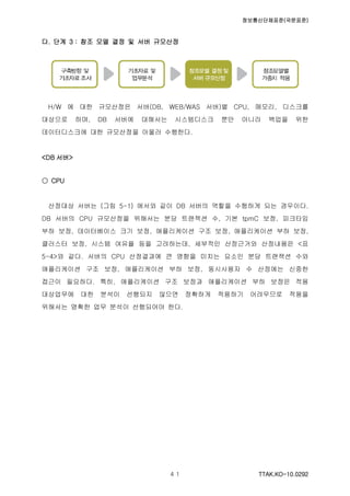 정보통신단체표준(국문표준)
TTAK.KO-10.0292４１
다. 단계 3 : 참조 모델 결정 및 서버 규모산정
H/W 에 대한 규모산정은 서버(DB, WEB/WAS 서버)별 CPU, 메모리, 디스크를
대상으로 하며, DB 서버에 대해서는 시스템디스크 뿐만 아니라 백업을 위한
데이터디스크에 대한 규모산정을 아울러 수행한다.
<DB 서버>
○ CPU
산정대상 서버는 (그림 5-1) 에서와 같이 DB 서버의 역할을 수행하게 되는 경우이다.
DB 서버의 CPU 규모산정을 위해서는 분당 트랜잭션 수, 기본 tpmC 보정, 피크타임
부하 보정, 데이터베이스 크기 보정, 애플리케이션 구조 보정, 애플리케이션 부하 보정,
클러스터 보정, 시스템 여유율 등을 고려하는데, 세부적인 산정근거와 산정내용은 <표
5-4>와 같다. 서버의 CPU 산정결과에 큰 영향을 미치는 요소인 분당 트랜잭션 수와
애플리케이션 구조 보정, 애플리케이션 부하 보정, 동시사용자 수 산정에는 신중한
접근이 필요하다. 특히, 애플리케이션 구조 보정과 애플리케이션 부하 보정은 적용
대상업무에 대한 분석이 선행되지 않으면 정확하게 적용하기 어려우므로 적용을
위해서는 명확한 업무 분석이 선행되어야 한다.
 