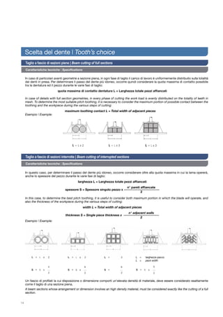 14
Caratteristiche tecniche | Specifications
Caratteristiche tecniche | Specifications
In caso di particolari aventi geometrie a sezione piena, in ogni fase di taglio il carico di lavoro è uniformemente distribuito sulla totalità
dei denti in presa. Per determinare il passo del dente più idoneo, occorre quindi considerare la quota massima di contatto possibile
tra la dentatura ed il pezzo durante le varie fasi di taglio:
	 quota massima di contatto dentatura L = Larghezza totale pezzi affiancati
In questo caso, per determinare il passo del dente più idoneo, occorre considerare oltre alla quota massima in cui la lama opererà,
anche lo spessore del pezzo durante le varie fasi di taglio:
	 larghezza L = Larghezza totale pezzi affiancati
	 	 n° pareti affiancate
	 spessore S = Spessore singolo pezzo x ----------------------------
		2
In this case, to determine the best pitch toothing, it is useful to consider both maximum portion in which the blade will operate, and
also the thickness of the workpiece during the various steps of cutting:
	 width L = Total width of adjacent pieces
		 n° adjacent walls
	 thickness S = Single piece thickness x ----------------------------
		2
Esempio | Example:
In case of details with full section geometries, in every phase of cutting the work load is evenly distributed on the totality of teeth in
mesh. To determine the most suitable pitch toothing, it is necessary to consider the maximum portion of possible contact between the
toothing and the workpiece during the various steps of cutting:
	 maximum toothing contact L = Total width of adjacent pieces
Esempio | Example:
Taglio a fascio di sezioni piene | Beam cutting of full sections
Taglio a fascio di sezioni interrotte | Beam cutting of interrupted sections
Un fascio di profilati la cui disposizione o dimensione comporti un'elevata densità di materiale, deve essere considerato esattamente
come il taglio di una sezione piena.
A beam sections whose arrangement or dimension involves an high density material, must be considered exactly like the cutting of a full
section.
L 	= 	pack width
L 	= 	larghezza pacco
Scelta del dente | Tooth’s choice
 